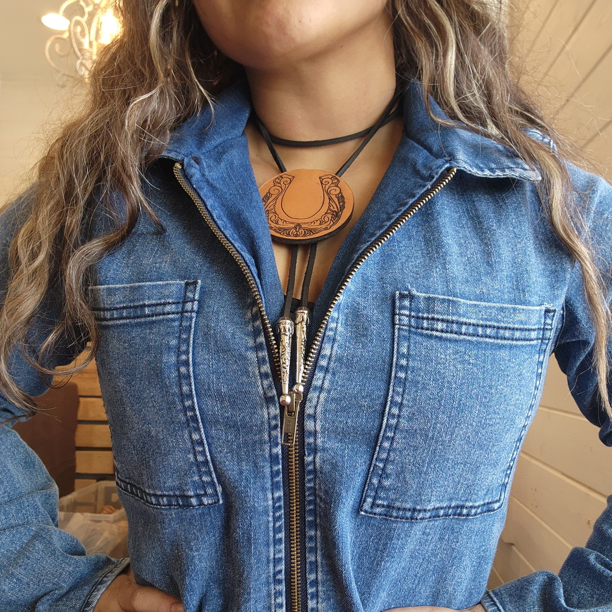 Tooled Leather Horseshoe Bolo Tie / Western NecklaceThe Shoe Man With Angels Custom Creations